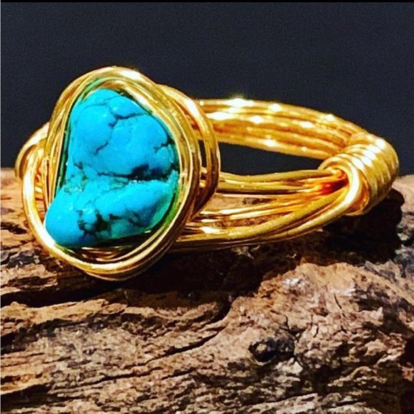 Hand Crafted Jewelry - Turquoise Gold wire wrapped Ring size 8